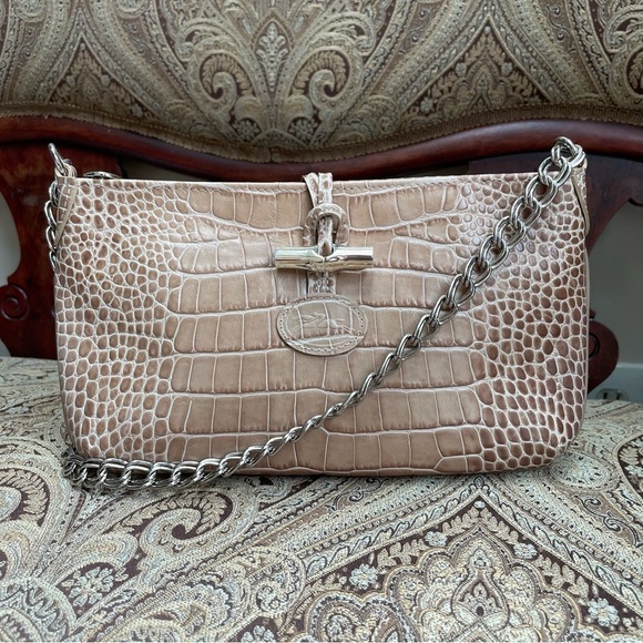 Longchamp Small Alligator Croc Embossed Chain Link Strap Roseau Shoulder Bag - Picture 2 of 16